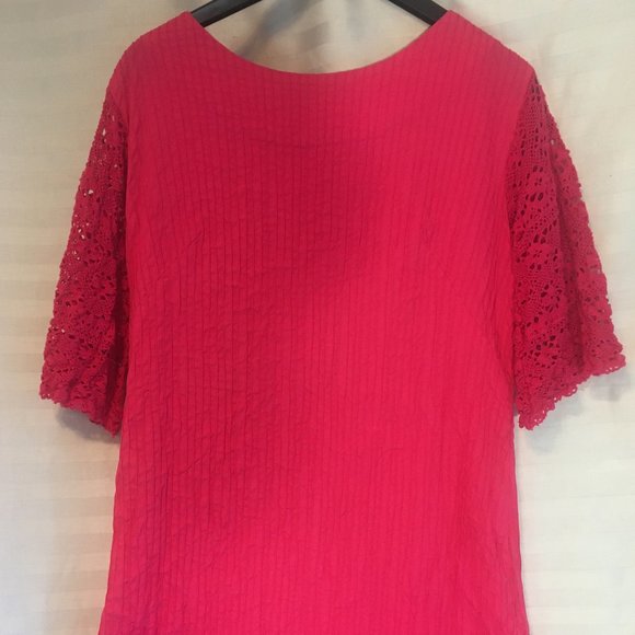 Pink Raspberry Boho Mexican Mod Pintuck Cotton Dress Crocheted Sz S/M Vintage - Picture 2 of 16